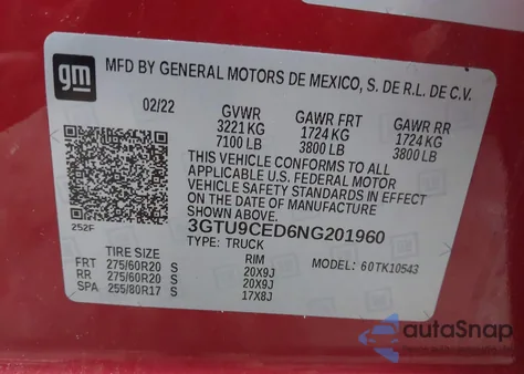 2022 GMC Sierra 1500 Limited 4Wd Short Box Elevation из США, поврежденный, VIN 3GTU9CED6NG201960